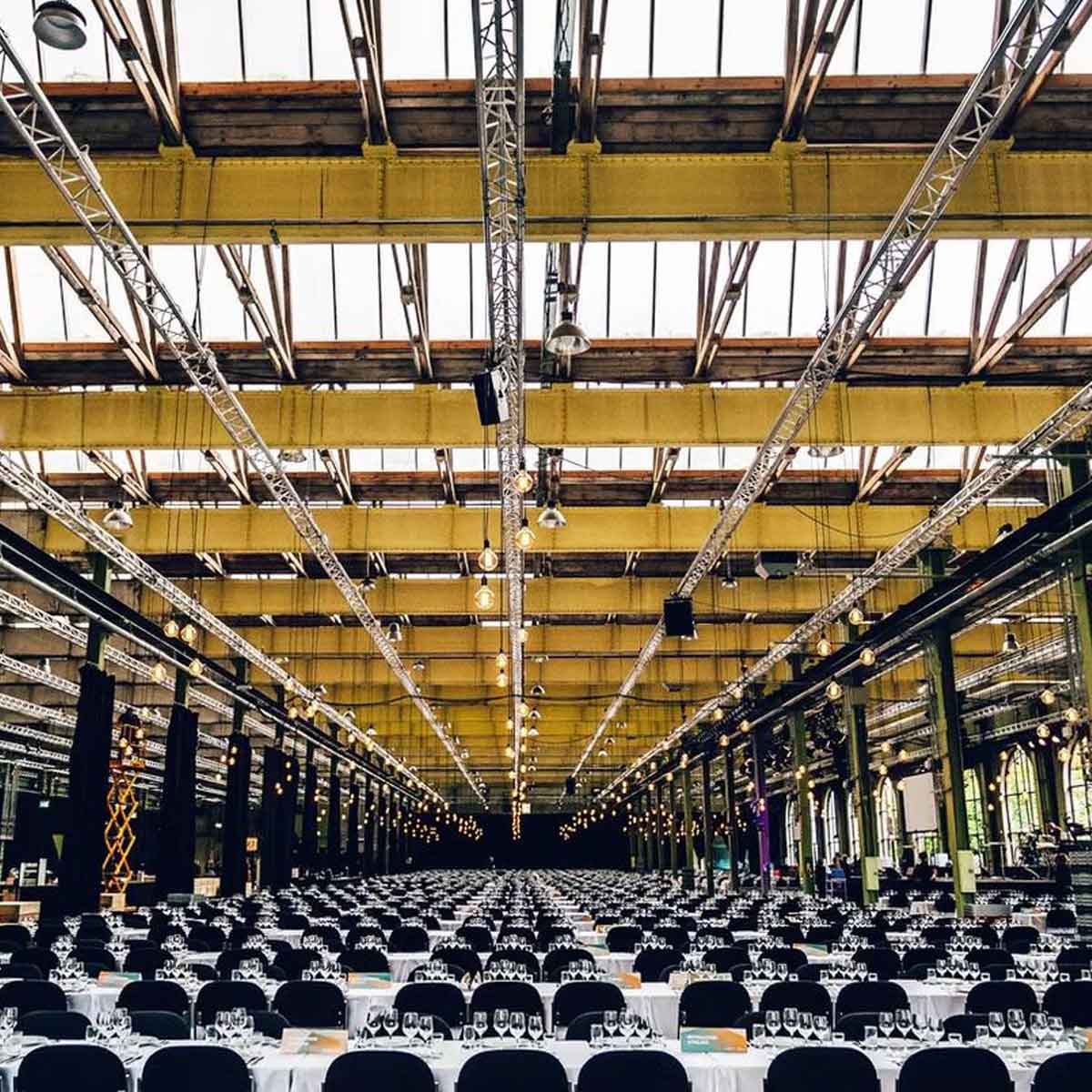 The Train Workshop, an industrial-chic Copenhagen event venue, perfect for a large gala dinner.