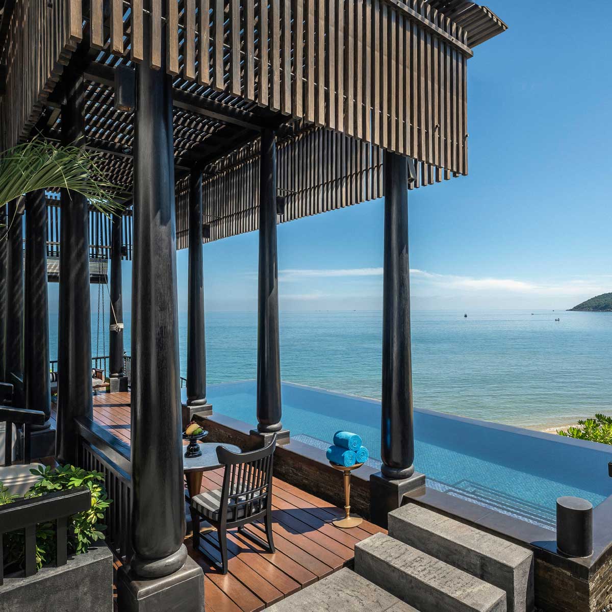 Private pool terrace with stunning ocean view at the InterContinental Danang Sun Peninsula Resort on Son Tra Peninsula, Vietnam.